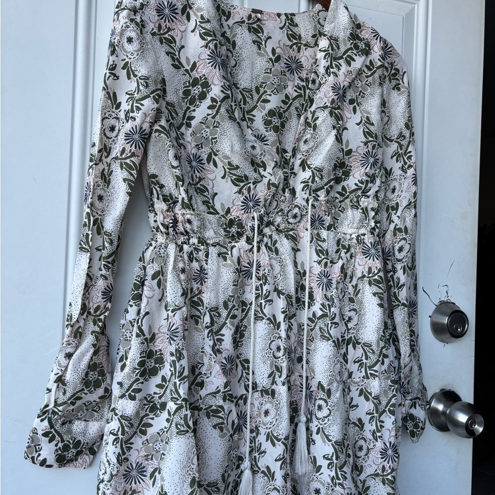 Free People Long Sleeve Floral Drawstring Dress - White, Olive & Blush